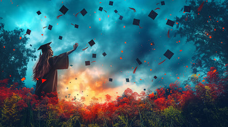 Graduate woman in a mantle throwing her diploma in the air at sunset.の素材