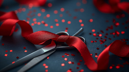 Scissors with red ribbon and confetti on a black background.の素材
