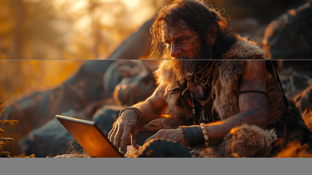 Stone age warrior with a laptop in the forest at sunset. 3d renderingの素材
