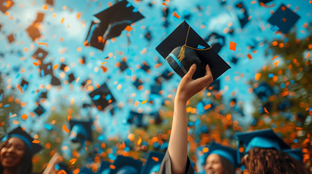 Cropped image of female graduate in cap and gown holding diploma with confetti on backgroundの素材