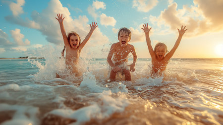 Happy children having fun on the beach at the day time. Concept of friendly family.の素材