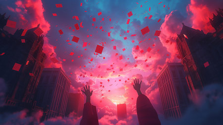 Silhouette of hands against red and blue background with vignetteの素材