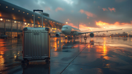 Suitcase in the airport at sunset. 3d rendering.の素材