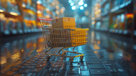 shopping cart with boxes on the laptop, online shopping concept.の素材