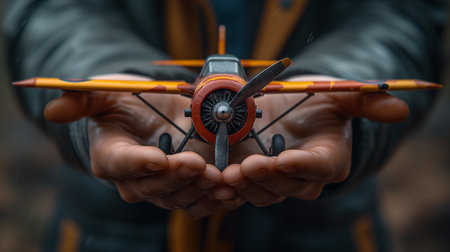 Close-up of toy airplane in the hands of a man.の素材
