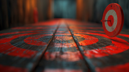 Dartboard on the wooden floor. 3d rendering. Computer digital drawing.の素材