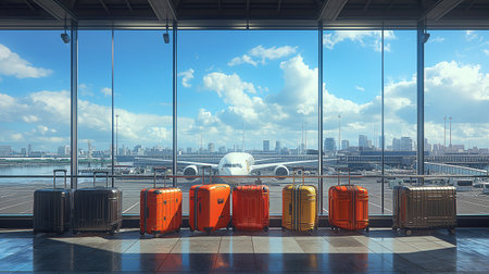 Airport terminal interior with suitcases and a view of the cityの素材