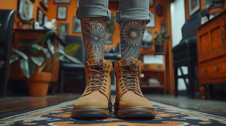 Tattooed woman's legs in boots standing on the floorの素材