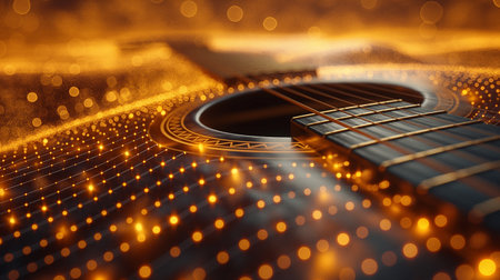 Acoustic guitar on a dark background. 3d rendering toned imageの素材