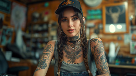 Beautiful tattooed girl in cap and overalls sitting in cafeの素材
