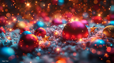 Christmas and New Year background with red and blue christmas baublesの素材