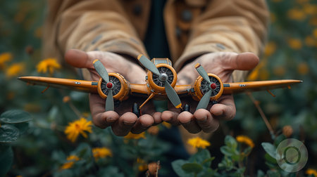 Close-up of man's hand holding a toy airplane in the fieldの素材