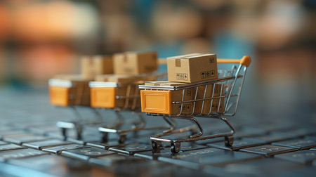 Shopping cart with boxes on the keyboard. Online shopping concept.の素材