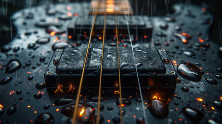 Close up of electric guitar with water drops on the black background.の素材