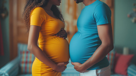 Cropped photo of pregnant woman and her husband holding hands on bellyの素材