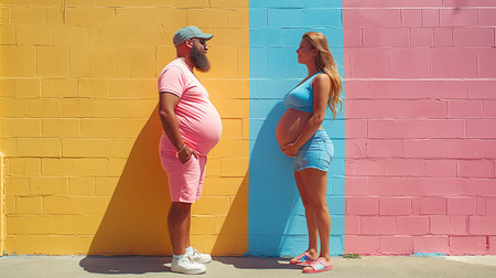 Pregnant woman and her husband are standing near the colorful wall.の素材