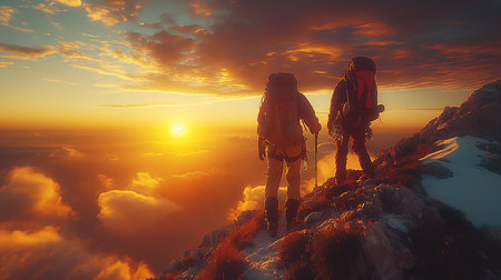 Hiker on top of the mountain at sunset. Sport and active life concept.の素材
