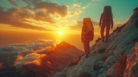 Hiker on top of the mountain at sunset. Sport and active life concept.の素材