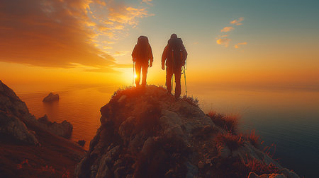 Silhouette of two hikers on the top of the mountain.の素材