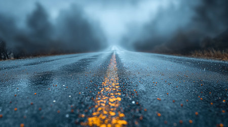 Asphalt road in the misty forest. 3d rendering.の素材