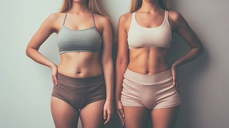 Cropped image of two sporty women in underwear on grey backgroundの素材