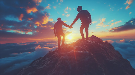 Businessman and businesswoman holding hands while standing on top of the mountain.の素材
