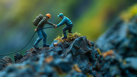 Miniature people : Traveler with backpack and trekking poles walking on the mountainの素材