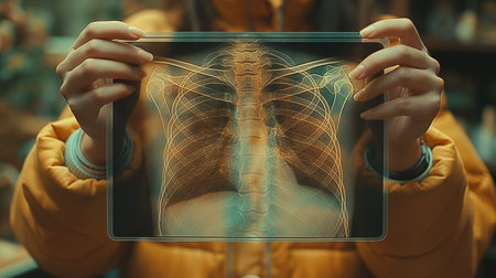 Female doctor holding x-ray image of lungs in her hands.の素材