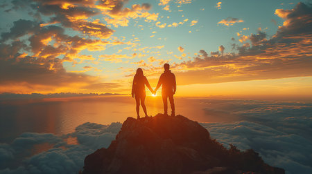 Couple in love holding hands and looking at sunset above the clouds on the mountain peakの素材
