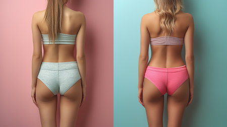 Collage of female buttocks in underwear on color background, closeupの素材