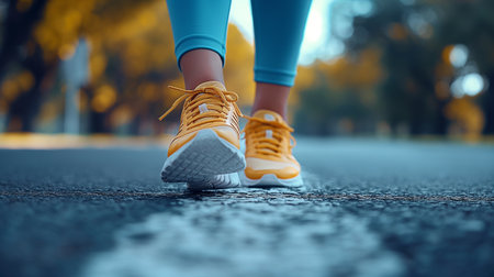 Close up of female legs in sneakers running on asphalt road in autumn parkの素材