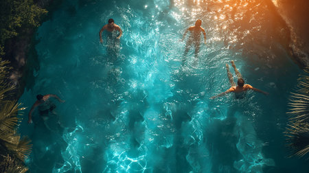 Top view of young people swimming in the pool. 3d renderingの素材