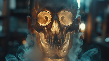 Skull with glasses and smoke on the background of a dark roomの素材