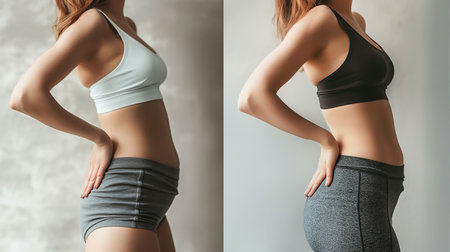 Before and after diet. Before and after weight loss. Dieting concept.の素材