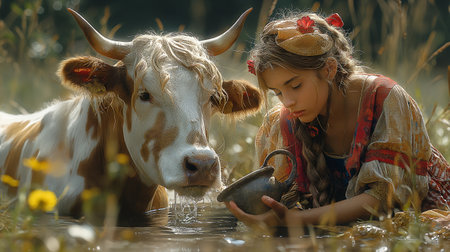 Beautiful girl in the image of a cow drinking water from a watering canの素材