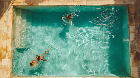 Couple swimming in a swimming pool. Top view of man and woman swimming in pool.の素材