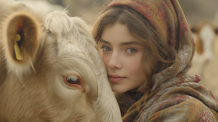 Young beautiful girl in a shawl with a cow in her armsの素材