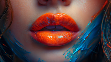 Close up of beautiful female lips with bright red lipstick and blue paintの素材