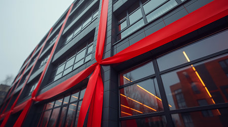 Red ribbon on the facade of a modern office building. Business concept.の素材