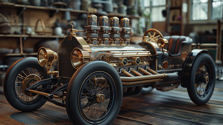3d rendering of an old car in a garage. Vintage car.の素材