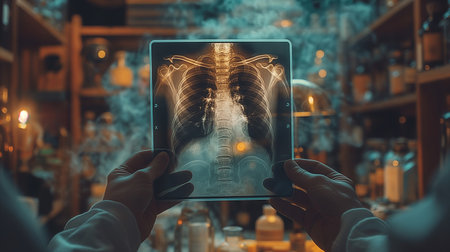 Hands of a young woman holding a digital tablet with a chest x-ray image.の素材