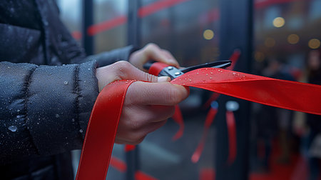 Man cutting red ribbon with scissors in the city street, closeupの素材