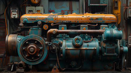 Old car engine in a factory, close-up. Industrial backgroundの素材