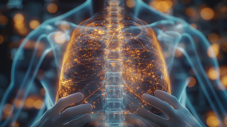 science anatomy scan of human body with glowing lungs. 3d renderingの素材