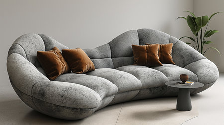 Modern interior design of living room with gray sofa 3d render illustrationの素材