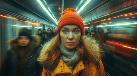Portrait of a young girl in a yellow coat and a red hat on the background of the subway.の素材