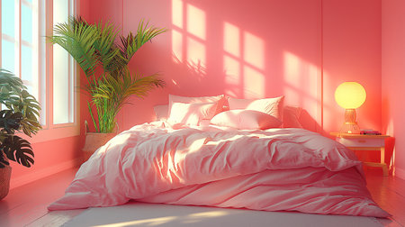 Bedroom interior with red walls, green plants and lamp. 3d renderの素材
