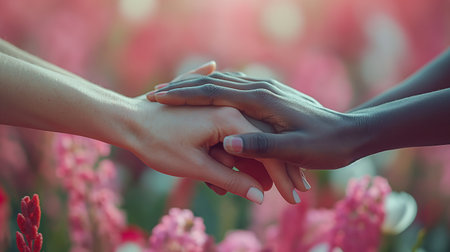 Hands of a man and a woman holding hands on a background of flowersの素材