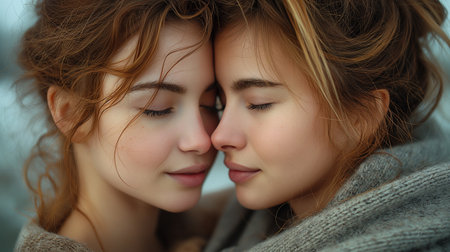 Close up portrait of two beautiful young women in sweaters hugging each otherの素材