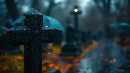 graveyard in the rain with a cross in the foreground, Halloween conceptの素材